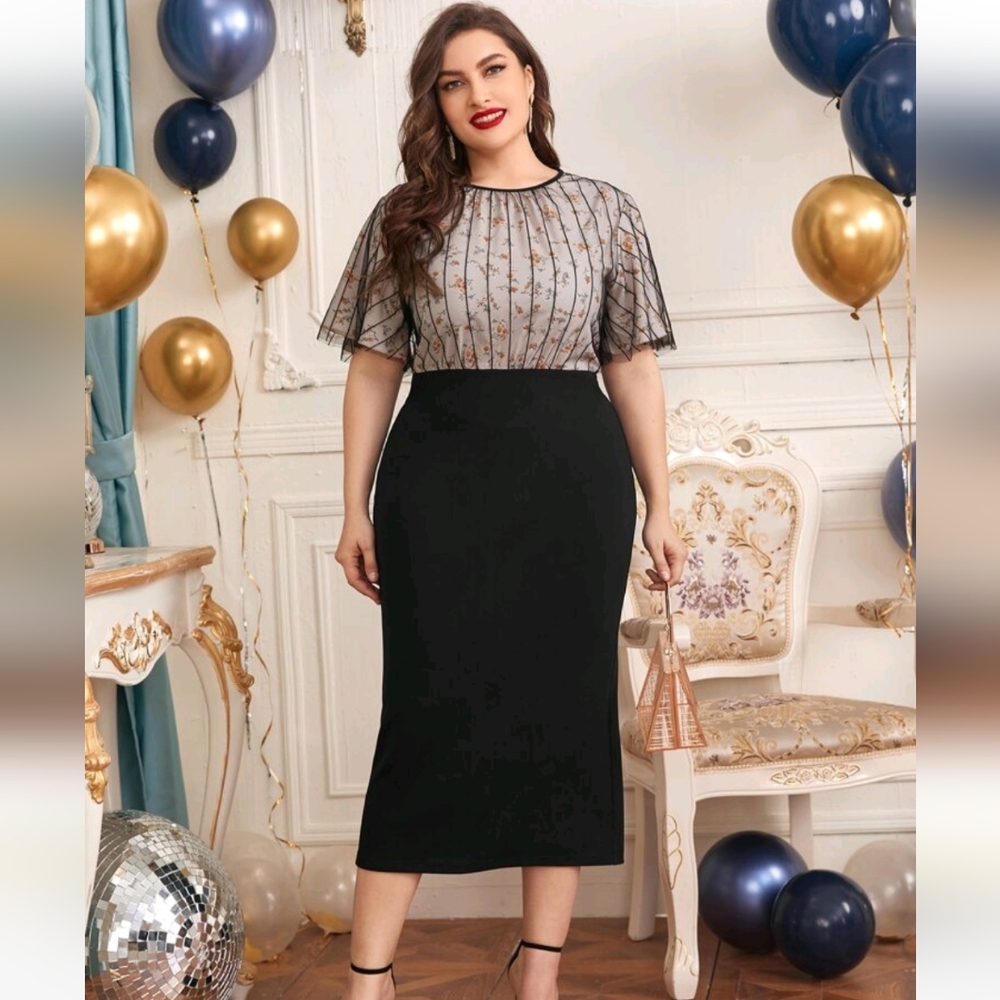 Black and Floral Dress with Sheer Overlay